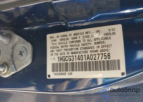 2001 Honda Accord 2.3 Lx from USA, damaged, VIN 1HGCG31401A027756